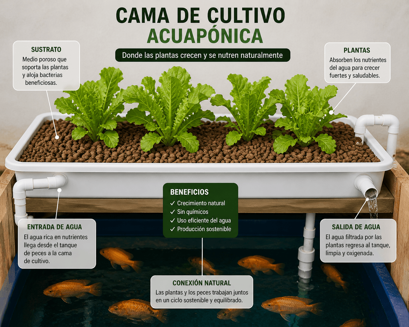 Cama de cultivo acuapónica con plantas creciendo