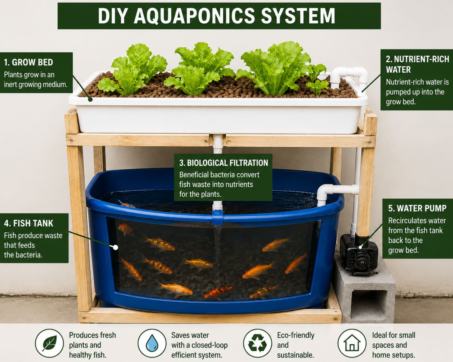 Cheap DIY aquaponics system with fish tank and grow bed