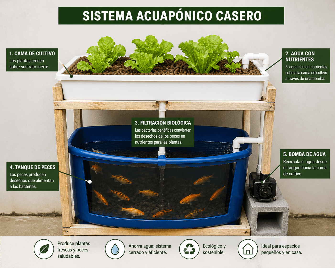 Sistema acuapónico casero barato con tanque de peces y cama de cultivo