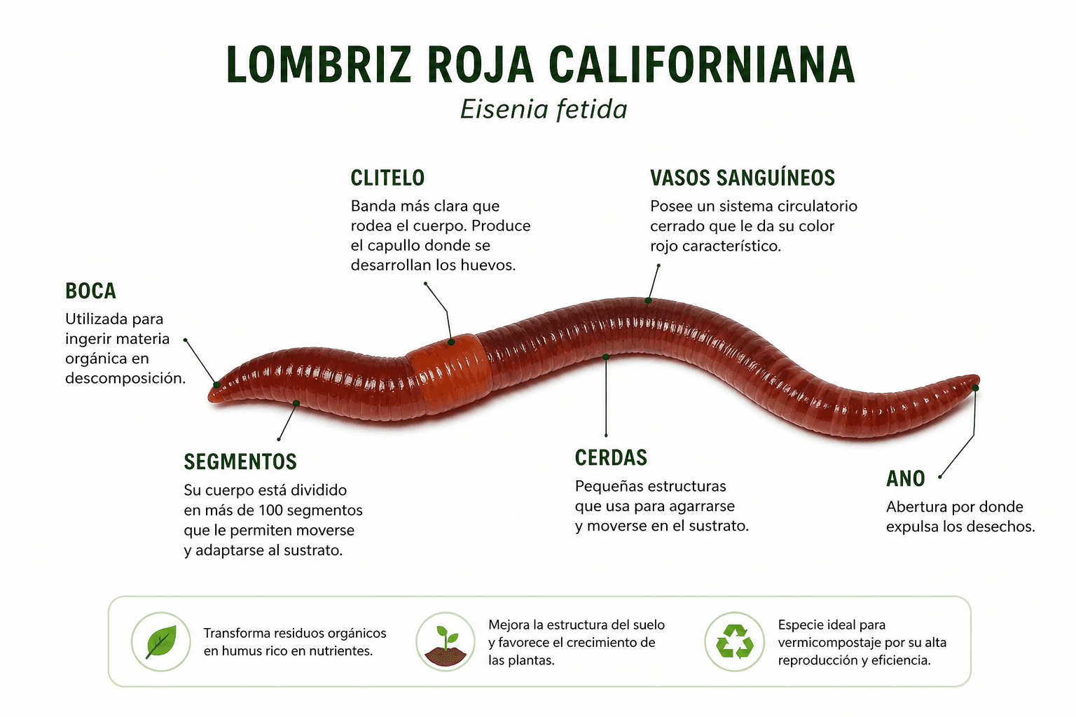 Lombrices rojas californianas para vermicompostaje
