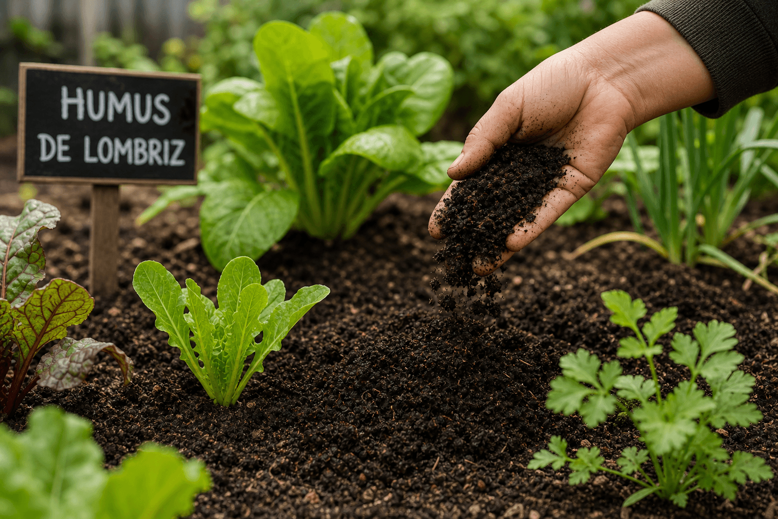 Humus de lombriz oscuro aplicado en una cama de cultivo