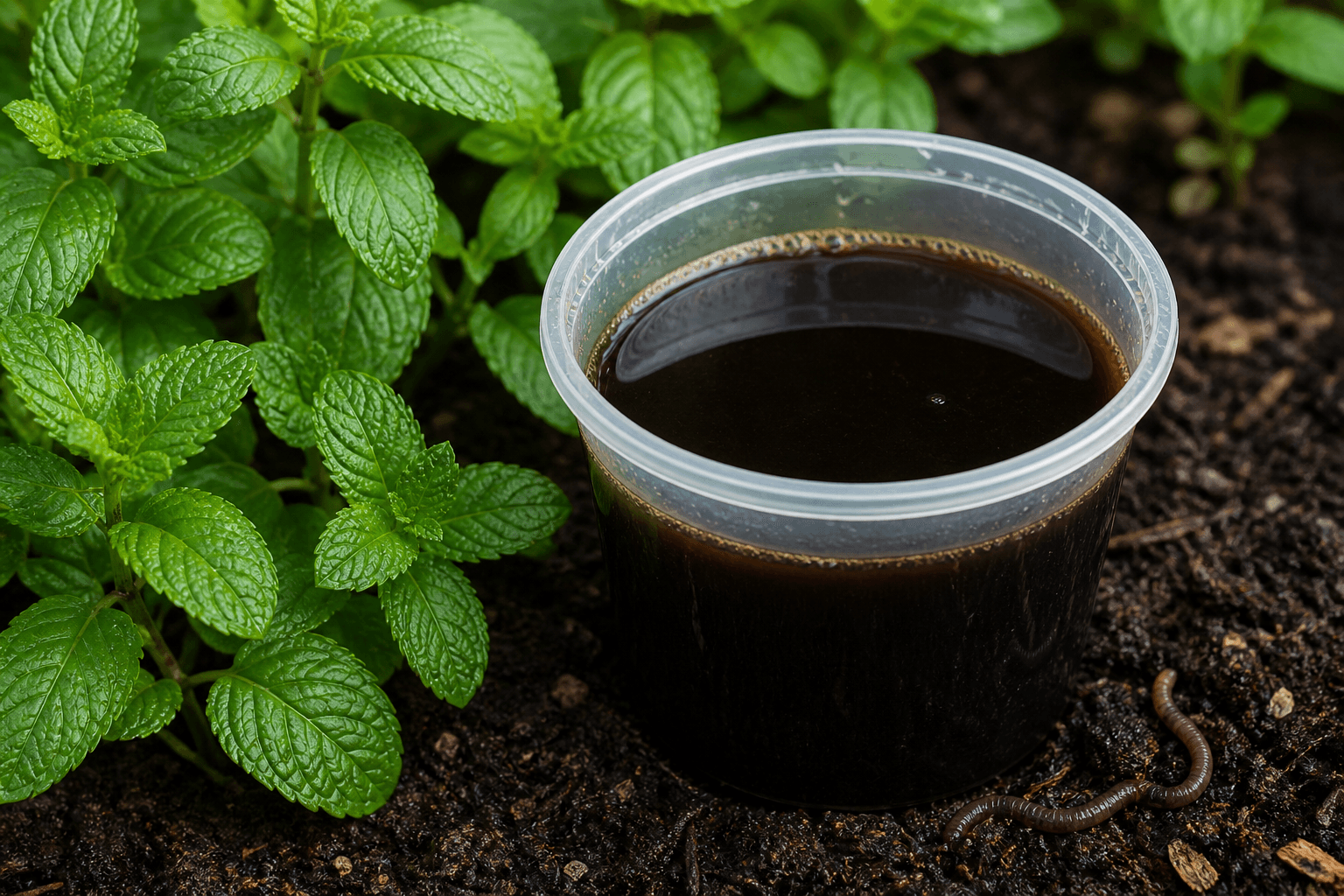 Lixiviado de lombriz oscuro en un recipiente junto a plantas verdes