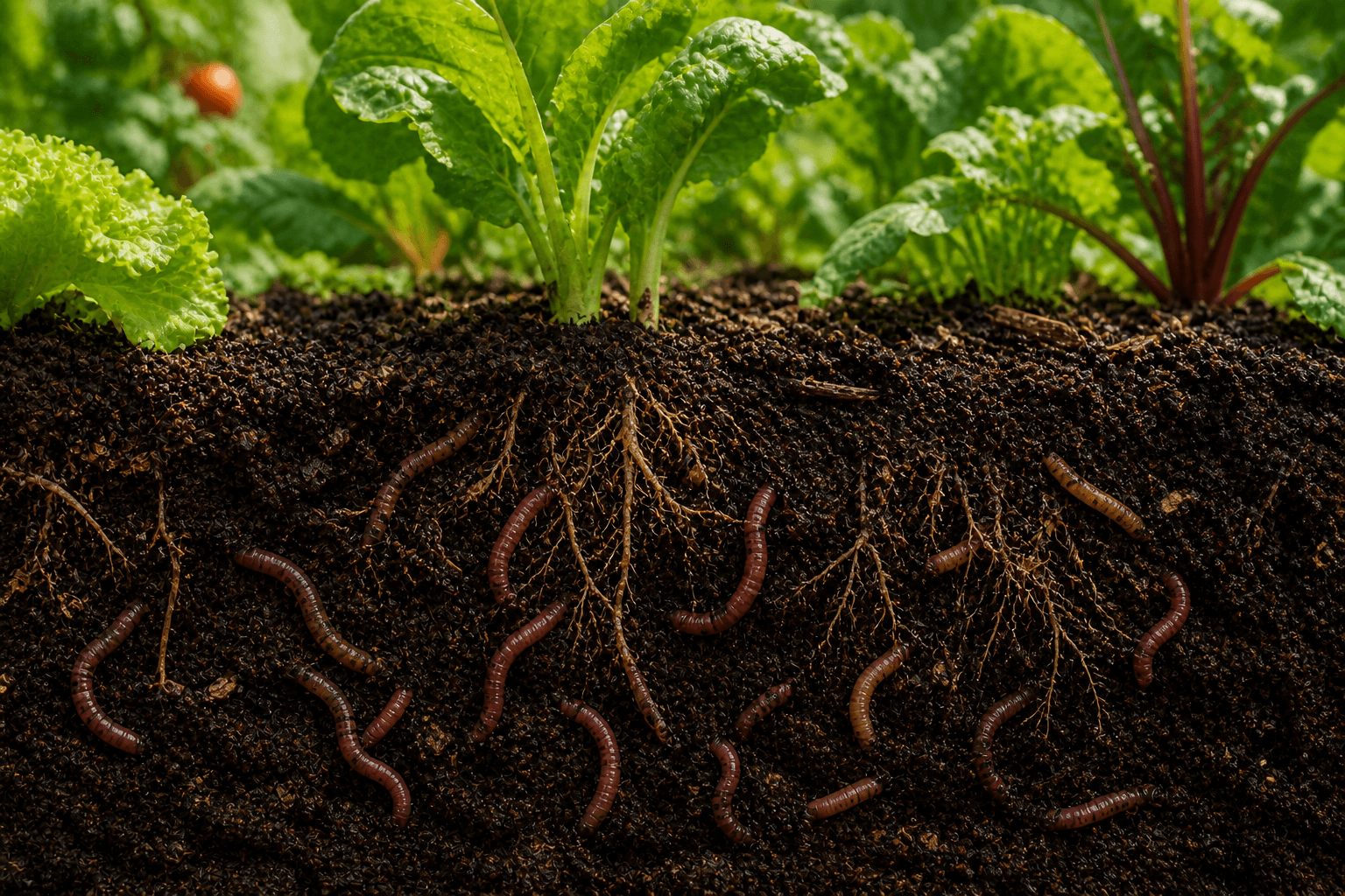 Lombrices trabajando en suelo oscuro y fértil con raíces de plantas