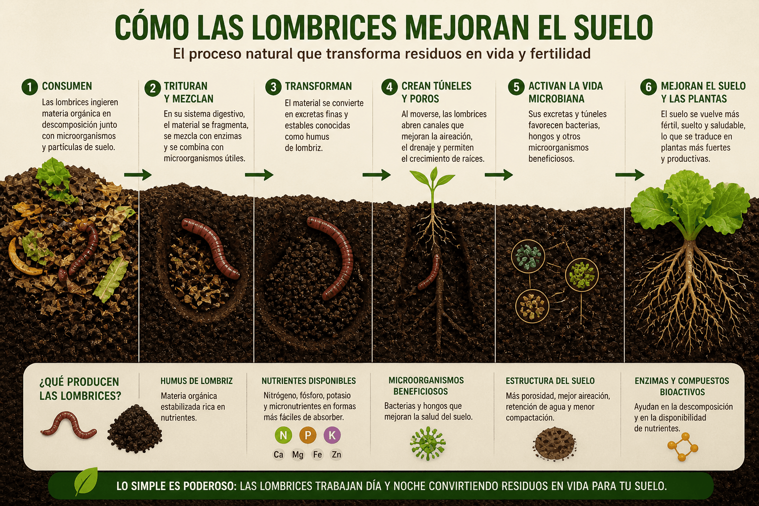 Diagrama del proceso de las lombrices transformando materia orgánica en humus