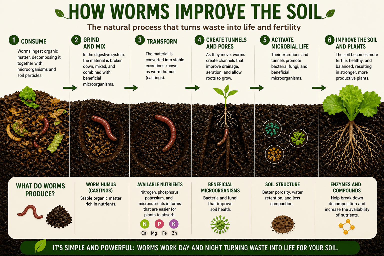 Diagram of the worm process transforming organic matter into humus